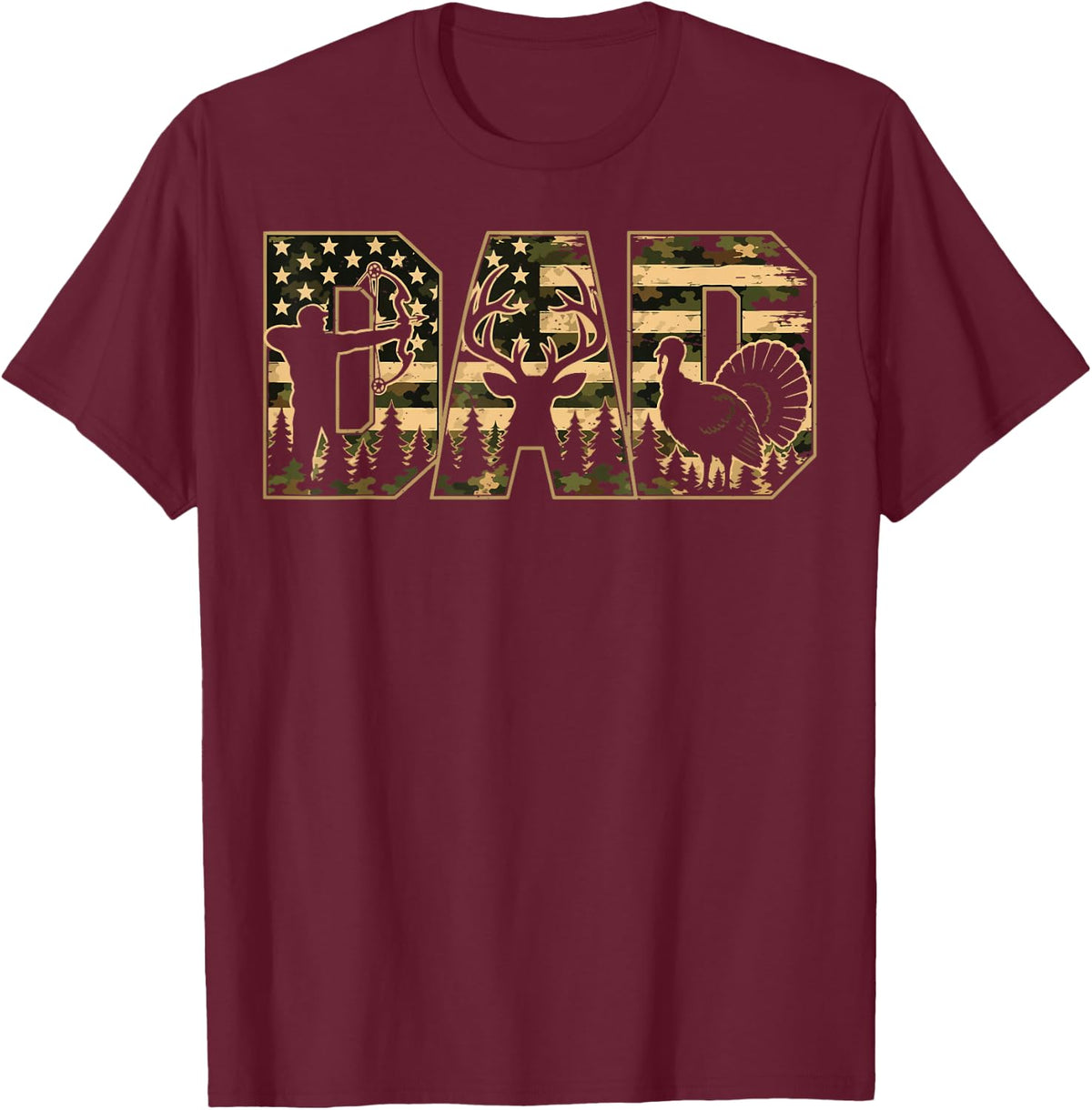 Mens Camo Deer Hunting Dad American Flag Turkey Hunter Gift T-Shirt - Burgundy