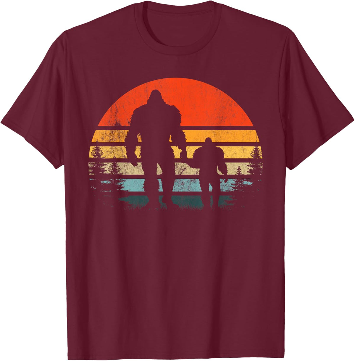 Retro Bigfoot Holding His son Funny Thanksgiving Sasquatch T-Shirt - Burgundy