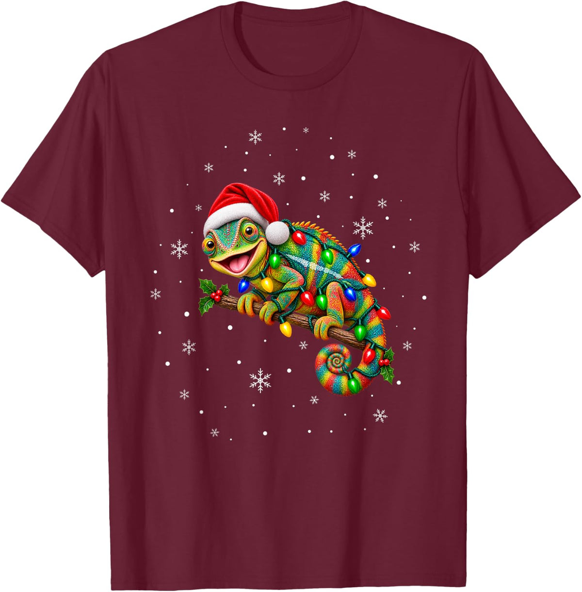 Chameleon Christmas Tree Lights Pajama Santa Xmas T-Shirt - Burgundy
