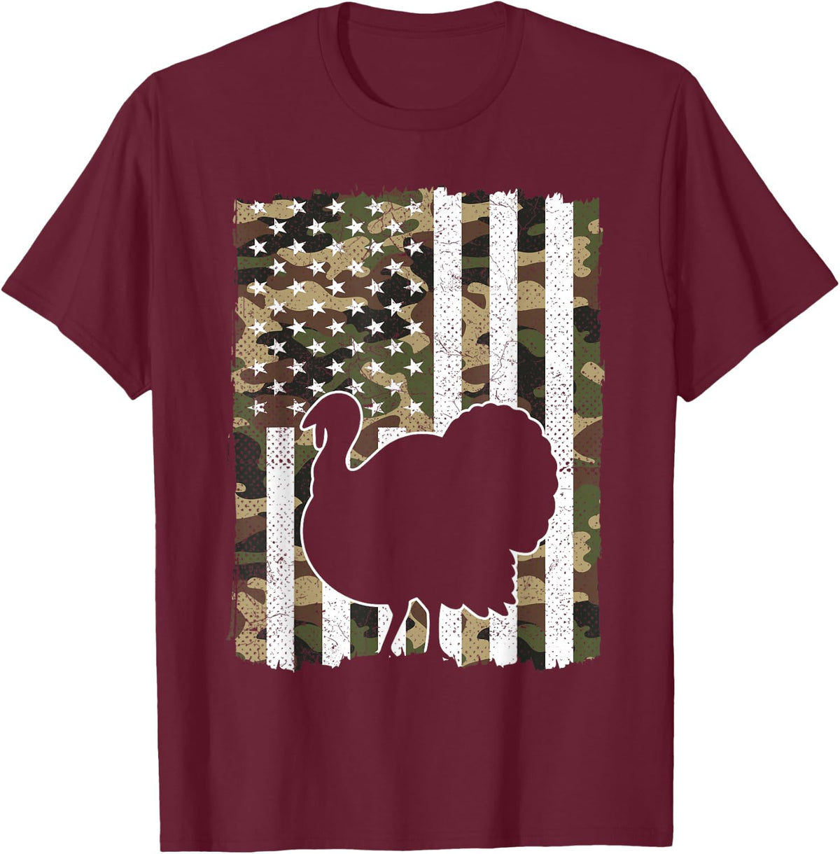 Retro Camo USA America Flag Turkey Hunting Thanksgiving Men T-Shirt - Burgundy