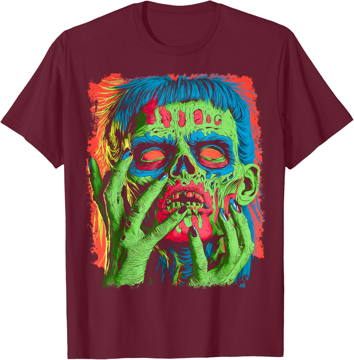 Female Women's Abstract Fashion Designer Halloween Zombie T-Shirt - Burgundy