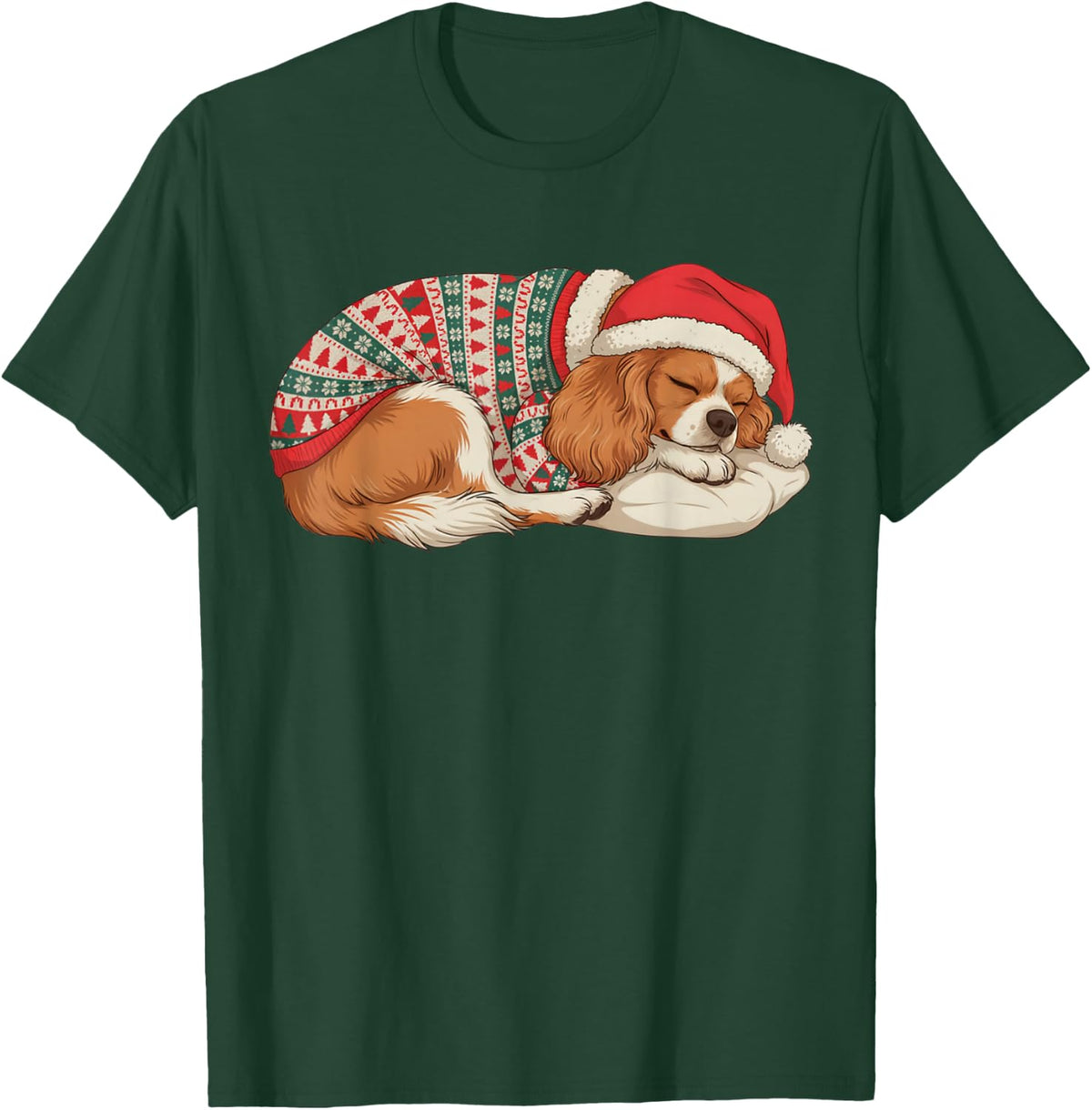 Cozy Cavalier King Charles Spaniel Ugly Sweater Nap Dog Mom T-Shirt - Dark Green