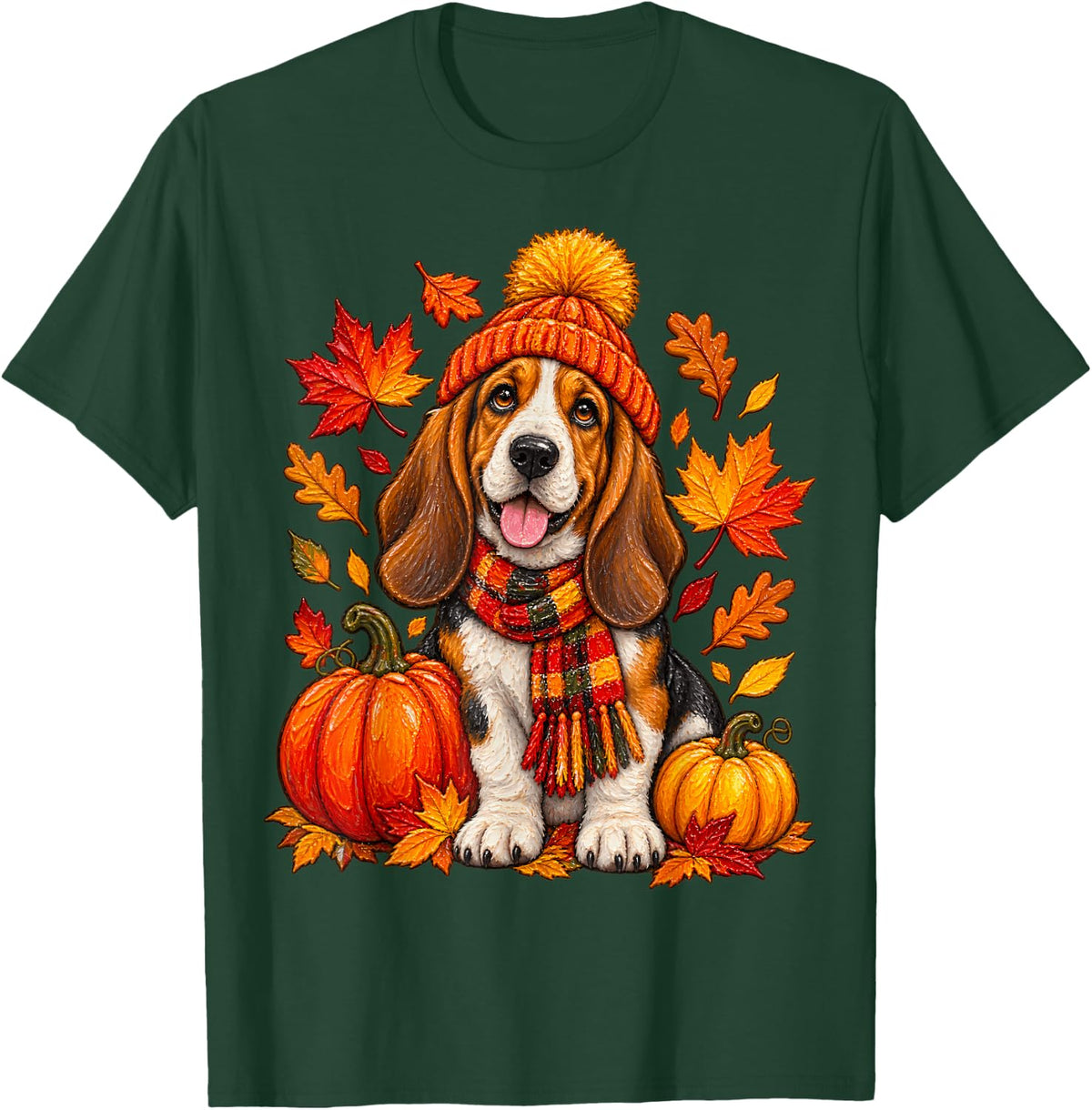 Thanksgiving Puppy Fall Autumn Basset Hound Lover Men Women T-Shirt - Dark Green