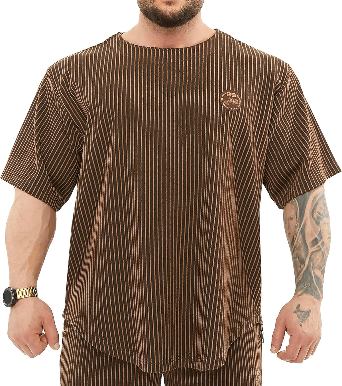 Men's Oversize T-Shirt, Bodybuilding, Lifting Cardio Rag Top Thick Fabric Textured Active T-Shirt - Brown