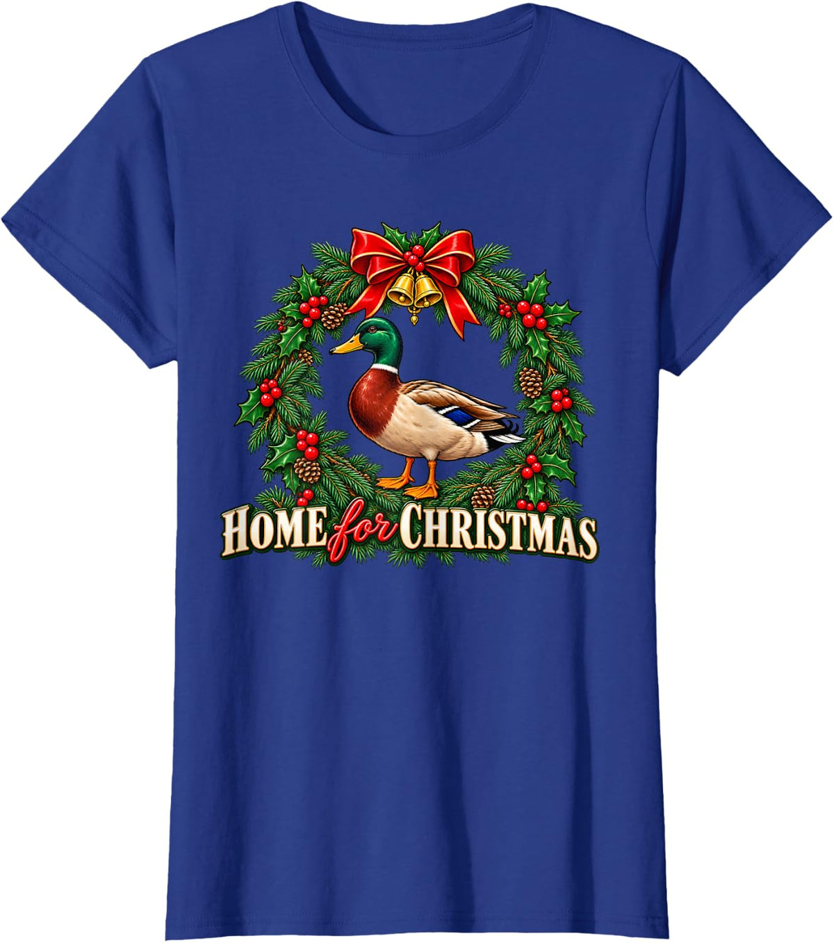 Christmas Mallard Duck Wreath Rustic Holiday Art T-Shirt - Royal Blue