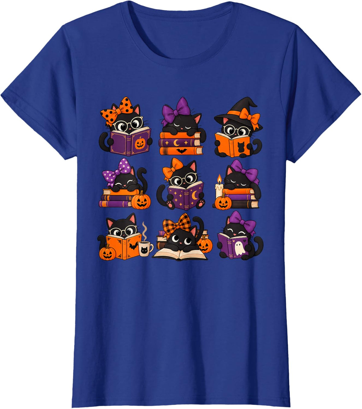 Halloween Cats Book Reading Bow Spooky Season Mom Womens T-Shirt - Royal Blue