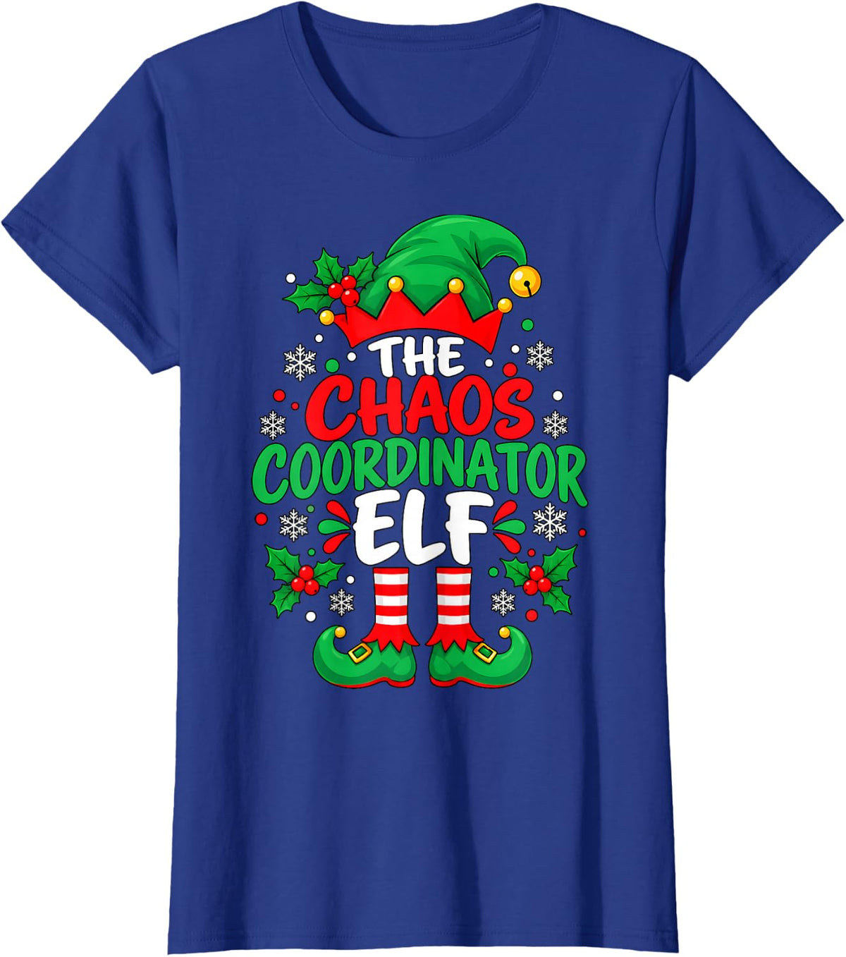 The Chaos Coordinator Elf Christmas Holly Hat Bells T-Shirt - Royal Blue