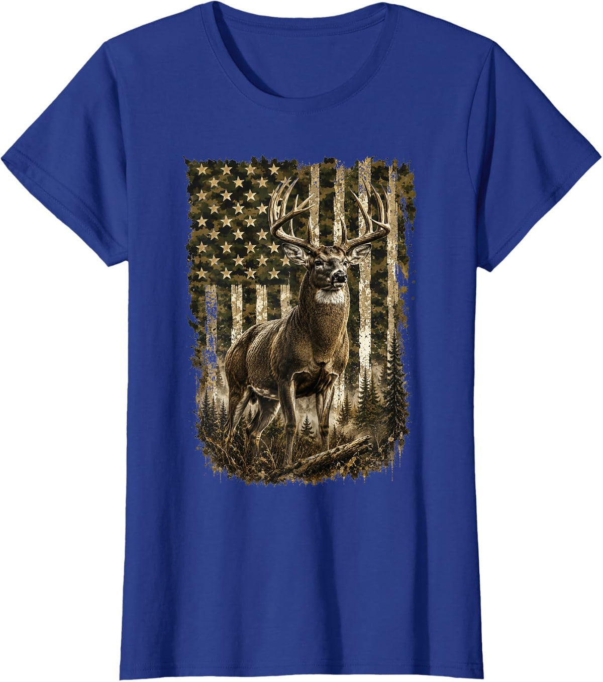 Whitetail Deer Buck Camo American Flag Hunting Forest Design T-Shirt - Royal Blue