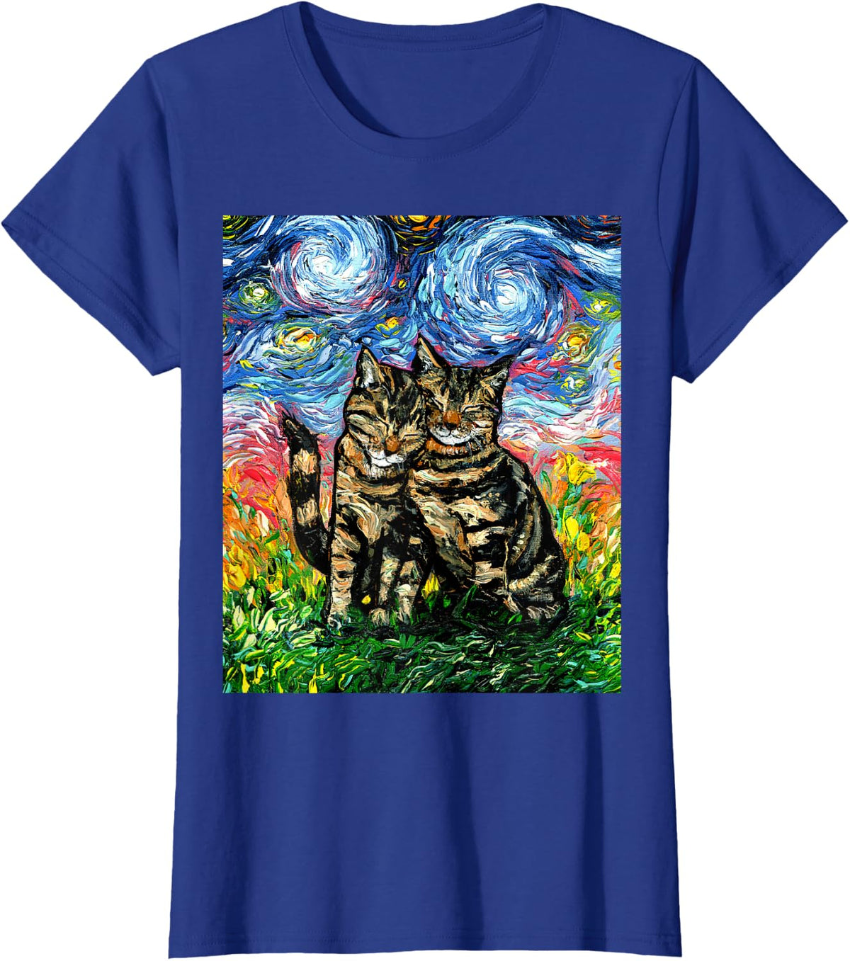 Tabby Cats Snuggling Cute Starry Night Kitten Artwork T-Shirt - Royal Blue