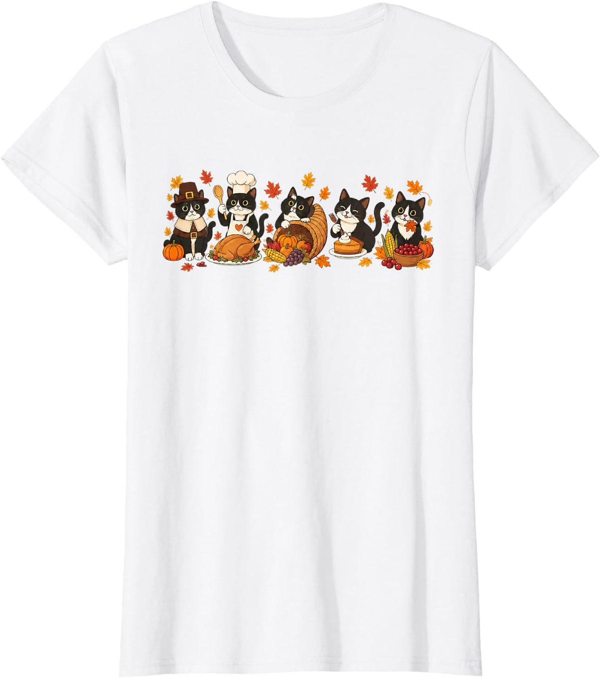 Cute Tuxedo Cats Thanksgiving Cozy Autumn Cute Fall Season T-Shirt - White