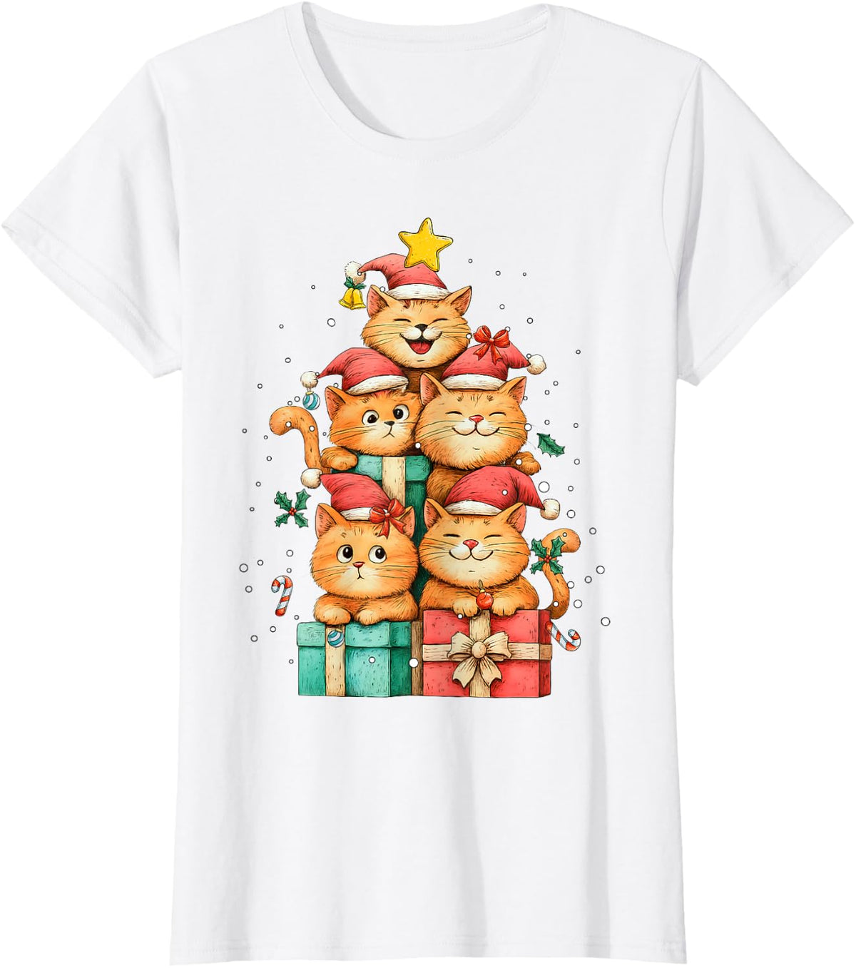 Cute Orange Cat Tabby Cat Christmas Tree Xmas Hat T-Shirt - White
