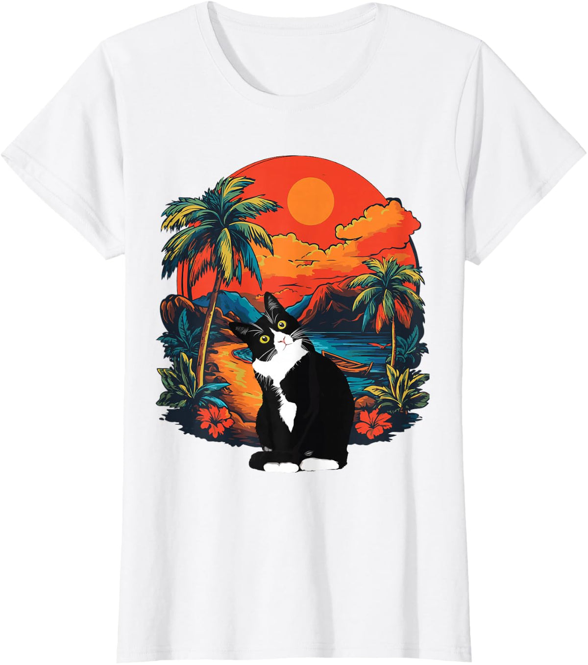 Hawaiian Tropical Tuxedo Cat Mom Dad Gift Animal Lovers T-Shirt - White