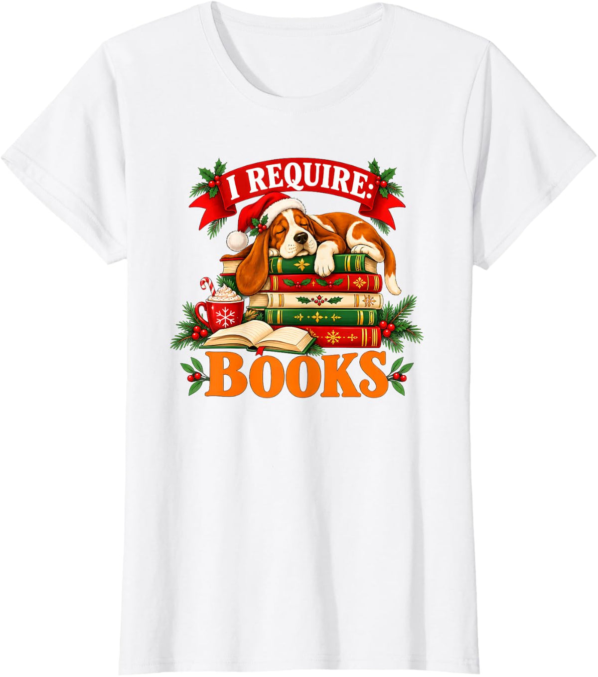 I Require Books Basset Hound Dog Reading Books Christmas T-Shirt - White