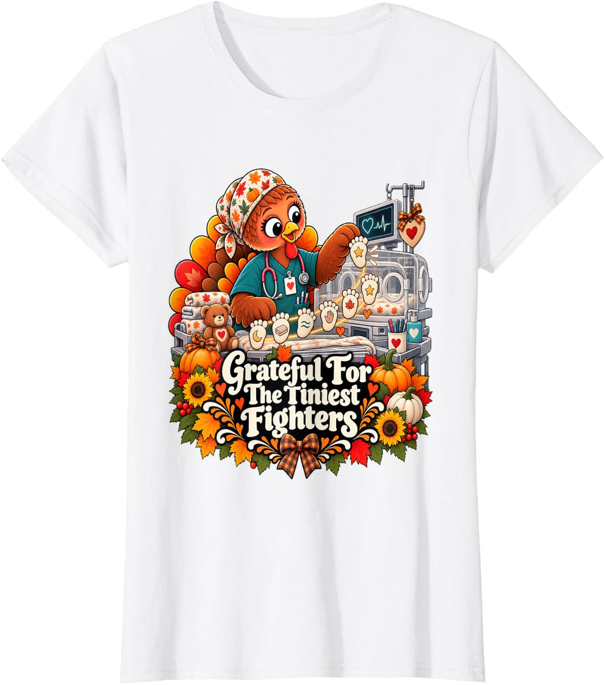 Grateful for The Tiniest Fighters Turkey Nurse Thanksgiving T-Shirt - White