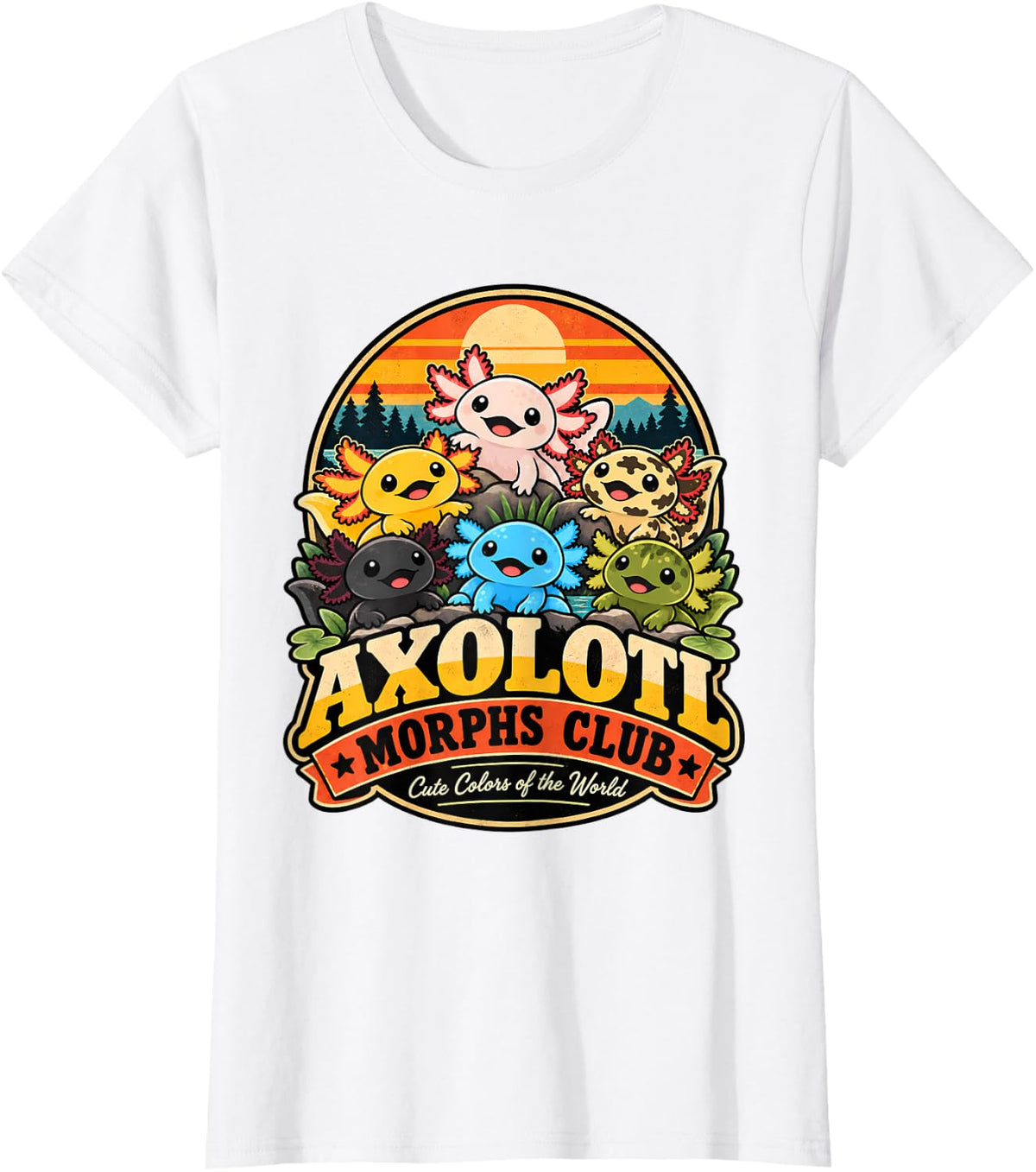 Axolotl Morphs Retro Sunset Cute Colorful Axolotls Amphibian T-Shirt - White