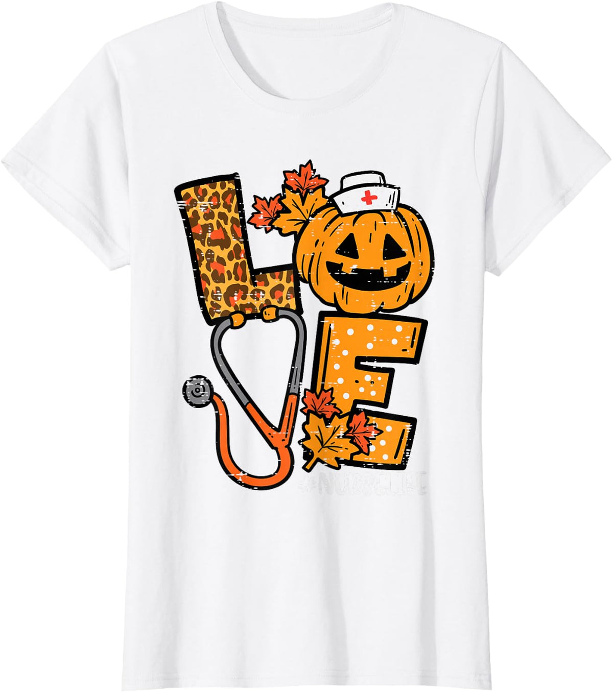 Leopard Pumpkin Nurse Halloween Costume Fall Scrub Top Women T-Shirt - White