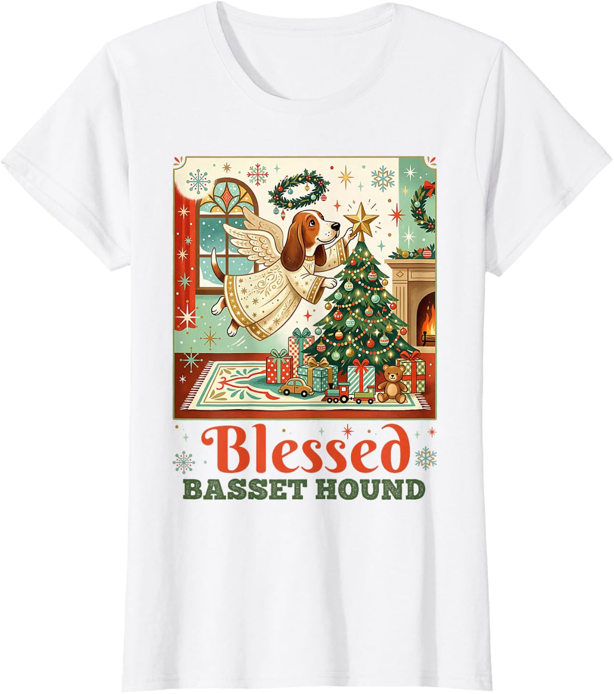 Basset Hound Dog Angel Christmas Tree Star Topper Retro T-Shirt - White