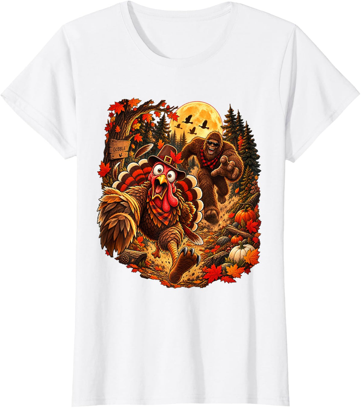 Bigfoot Chasing Turkey Funny Sasquatch Run Fall Thanksgiving T-Shirt - White