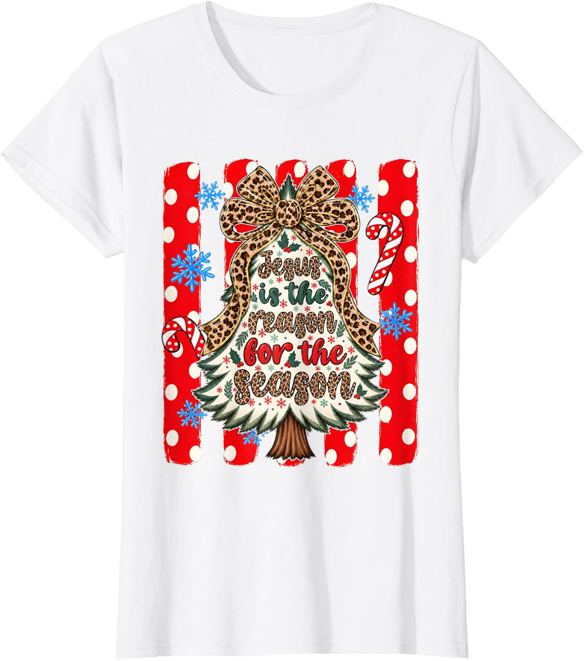 Jesus The Reason for The Season Leopard Christmas Tree Bow T-Shirt - White
