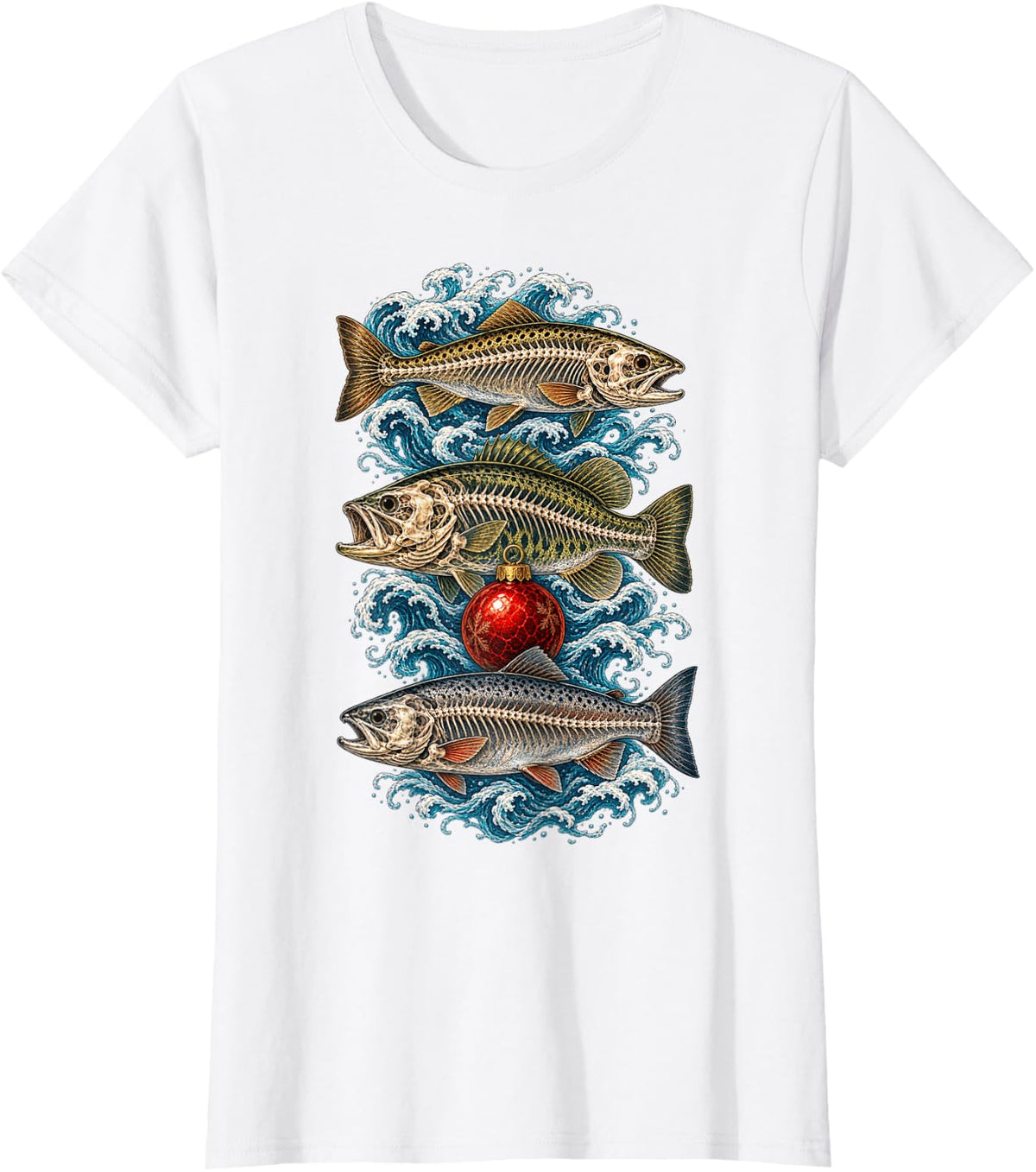Fish Skeleton Christmas Ornament Bass Salmon Fishing Angler T-Shirt - White