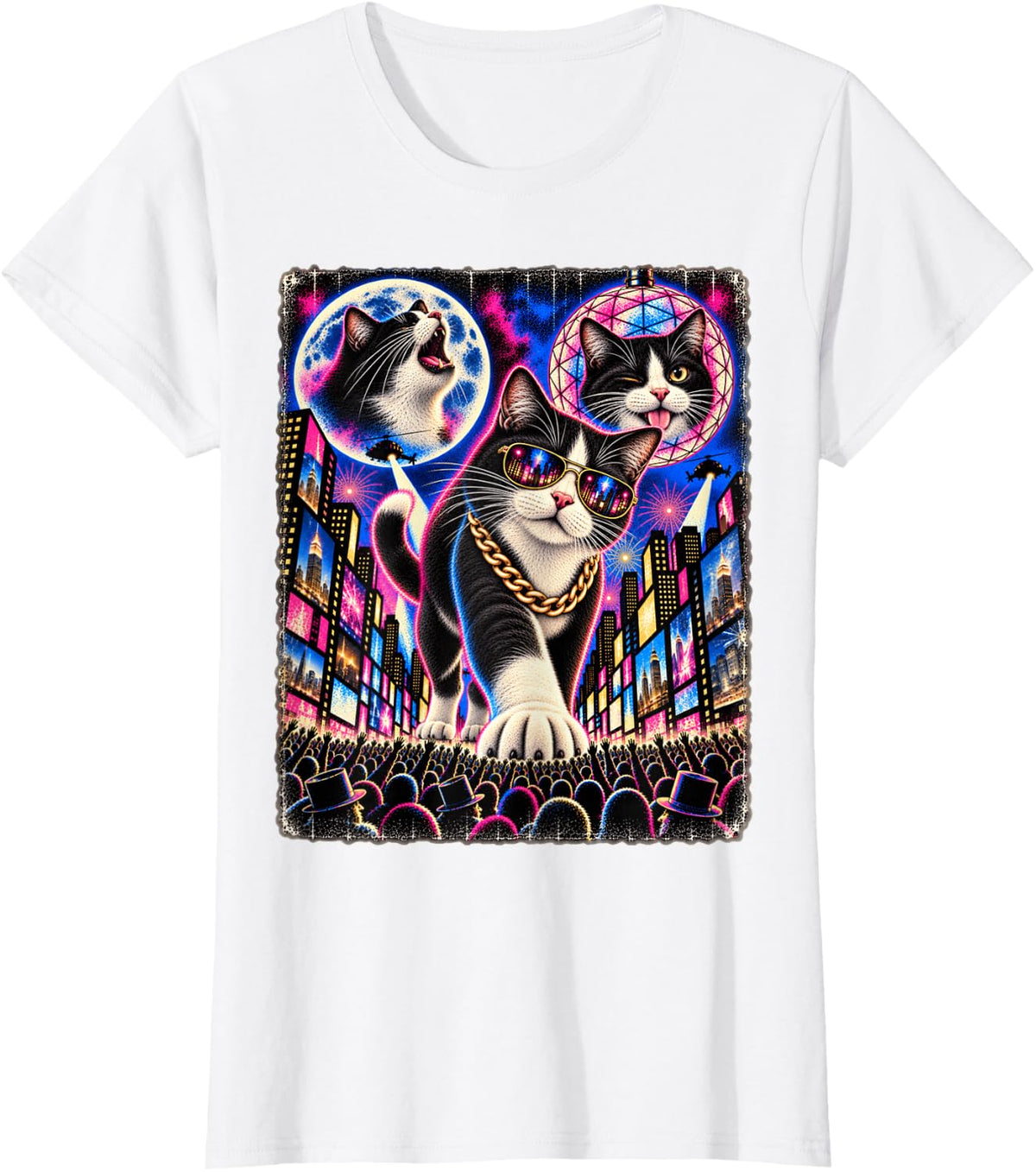 Tuxedo Cat Times Square Hip Hop Party Cool Sunglasses Chain T-Shirt - White