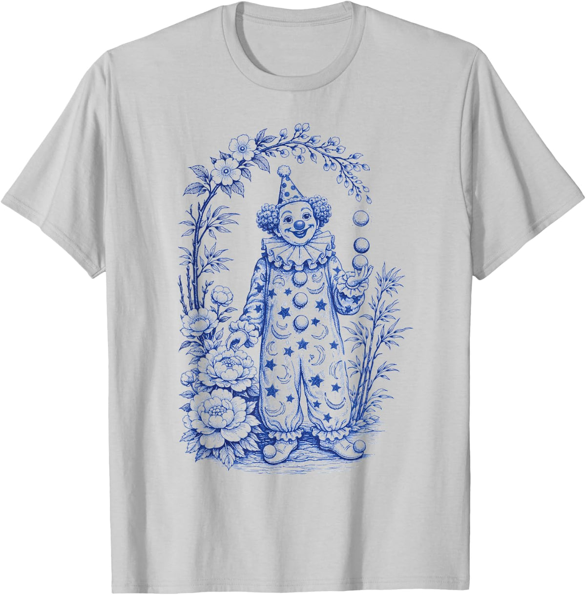 Cute Blue Chinoiserie Circus Clown Floral Design Circus Core T-Shirt - Silver Grey