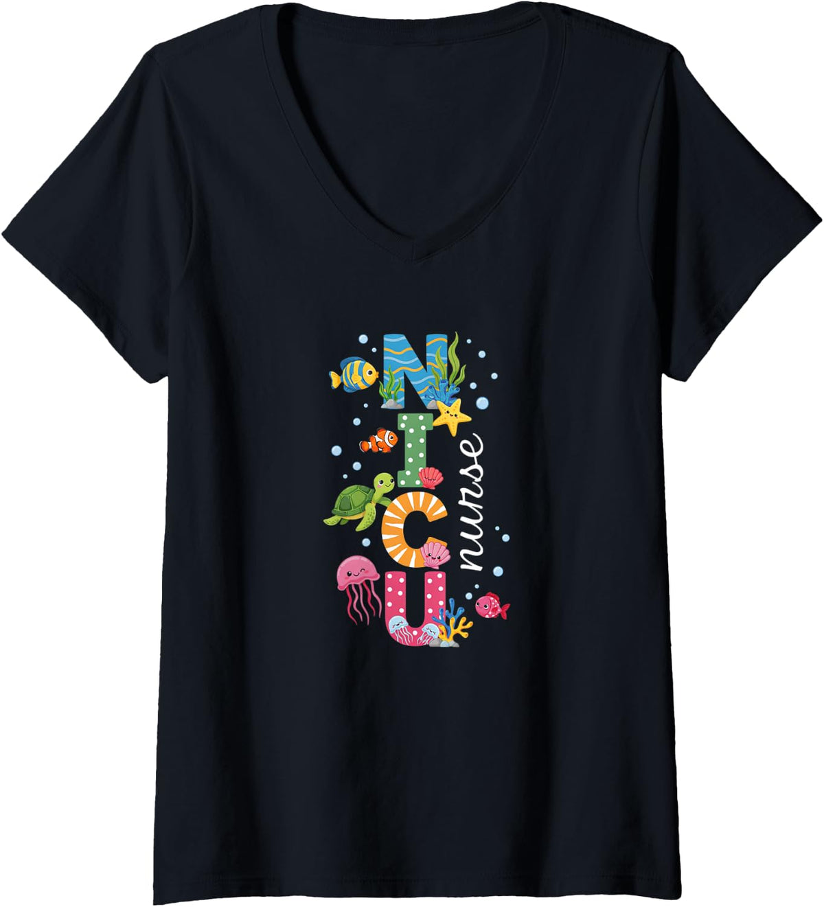Women's NICU Nurse Cute Ocean Sea Neonatal Intensive Care Unit V-Neck T-Shirt - Black