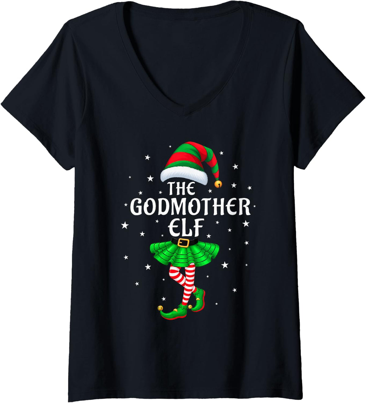 Women's Godmother Elf Christmas Family Matching Xmas Group Funny V-Neck T-Shirt - Black