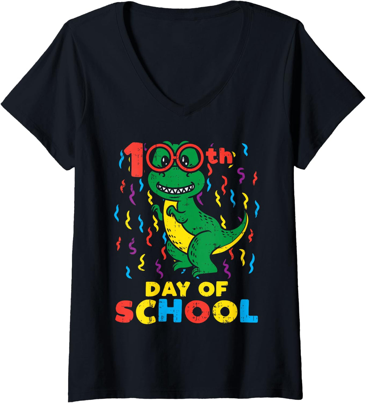 Women's 100th Day of School Trex Dinosaur Cute 100 Days Student V-Neck T-Shirt - Black