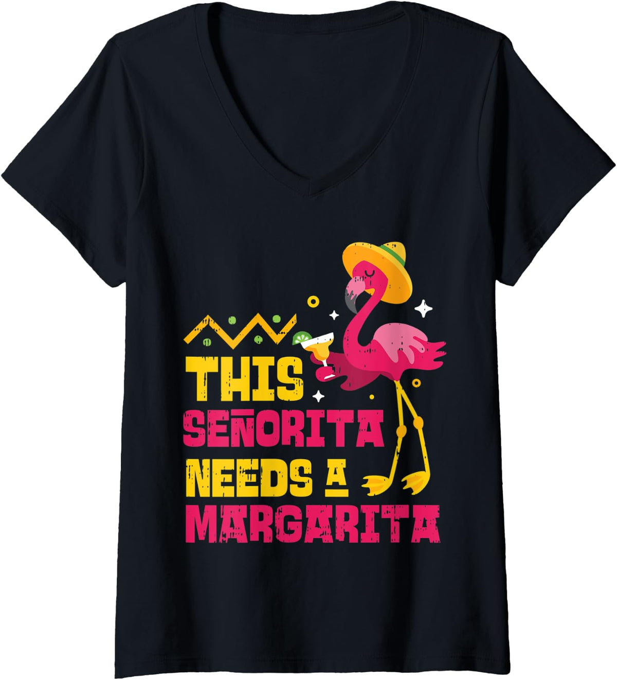 Womens Flamingo Senorita Margarita Funny Mexican Cinco De Mayo 2020 V-Neck T-Shirt - Black