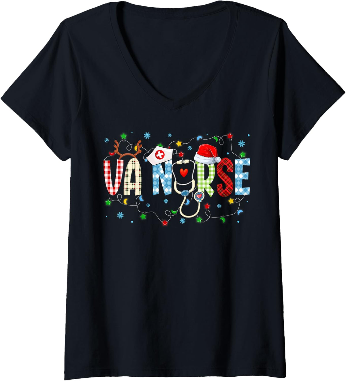 Women's VA Nurse Christmas Stethoscope Nurses Xmas Scrub Top Women V-Neck T-Shirt - Black