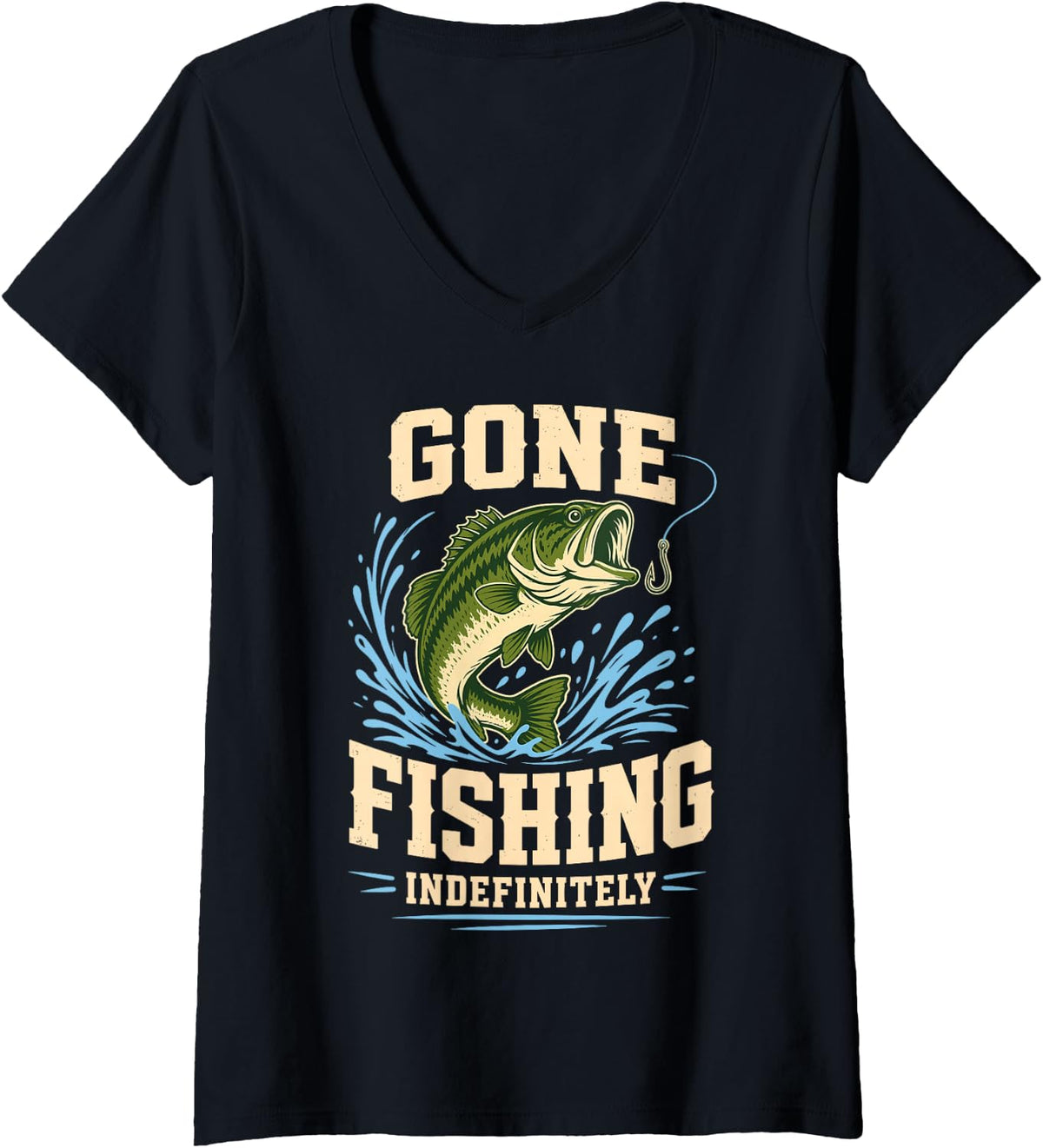 Women's Gone Fishing Indefinitely Bass Hook V-Neck T-Shirt - Black