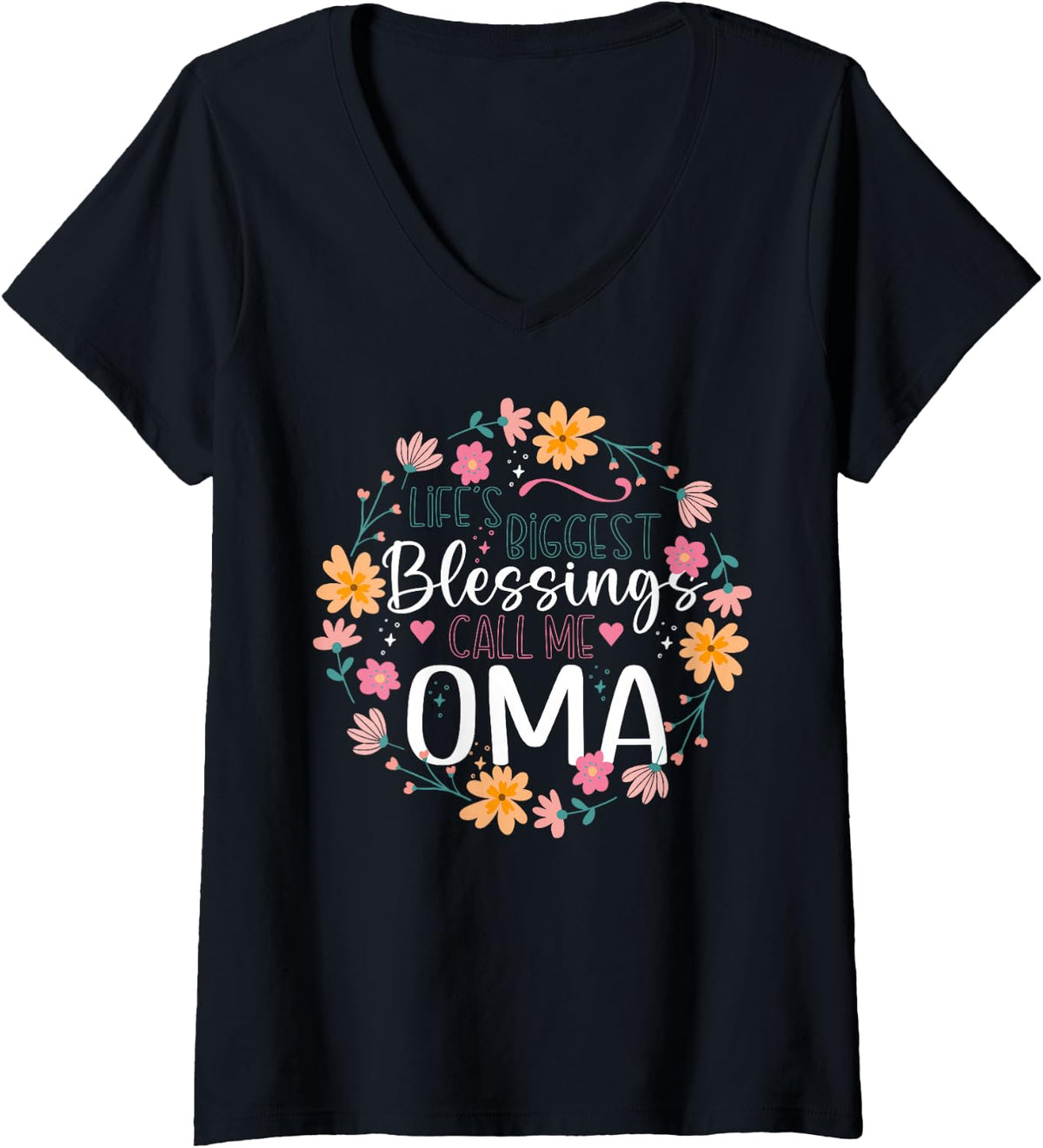 Women's Life's Biggest Blessings Call Me Oma Floral Grandma V-Neck T-Shirt - Black