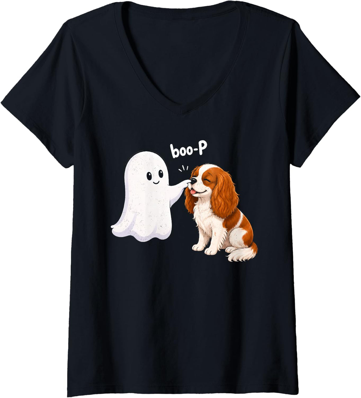 Women's Halloween Boo-P Cavalier King Charles Spaniel Ghost V-Neck T-Shirt - Black