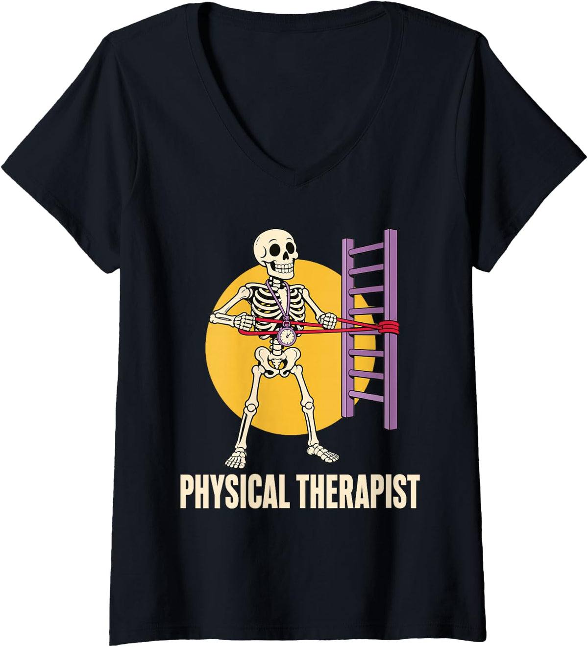 Women's Physical Therapist Skeleton Band Row Pt V-Neck T-Shirt - Black