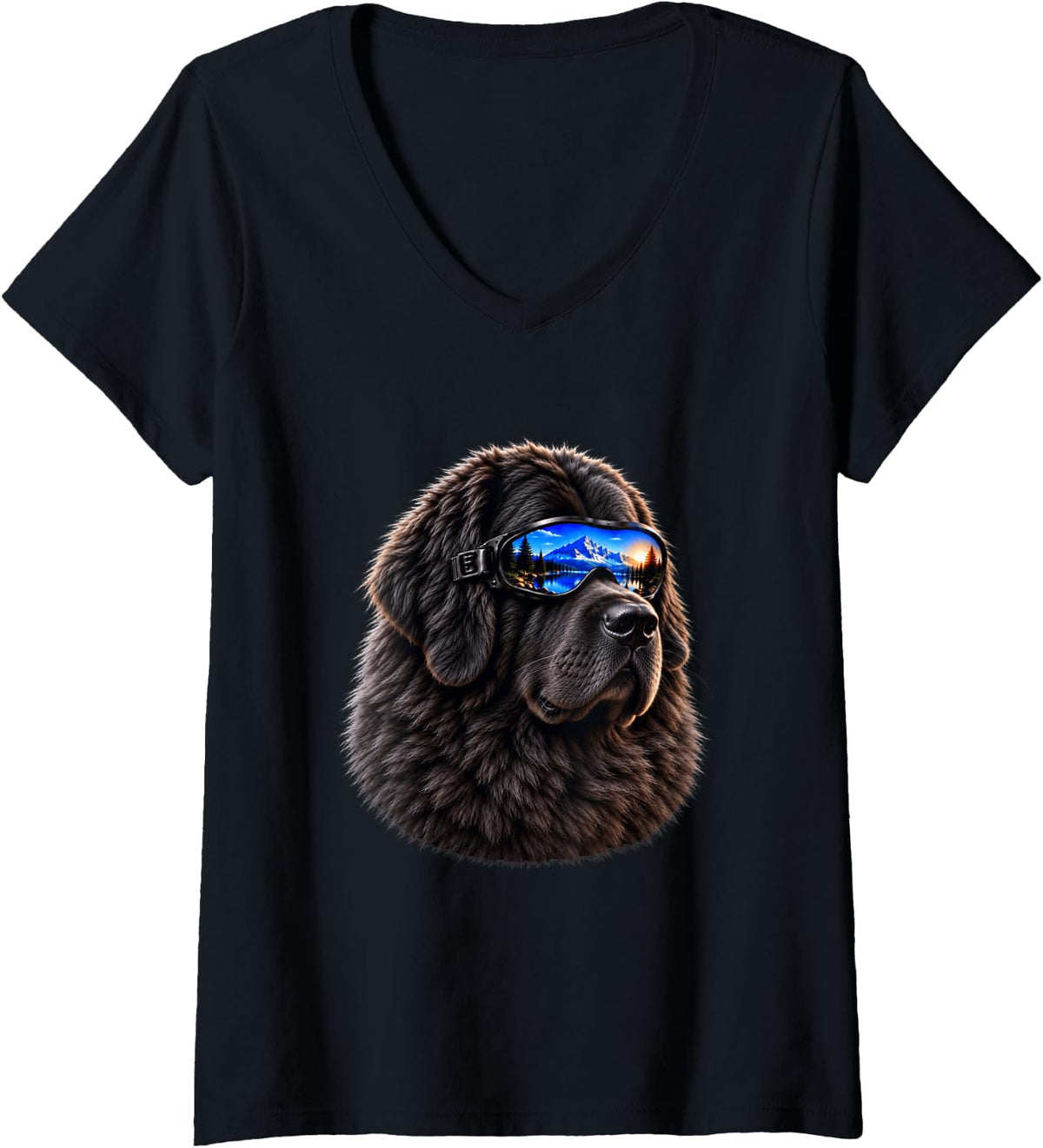 Women's Newfoundland Dog Sunglasses Mountain Newfie V-Neck T-Shirt - Black