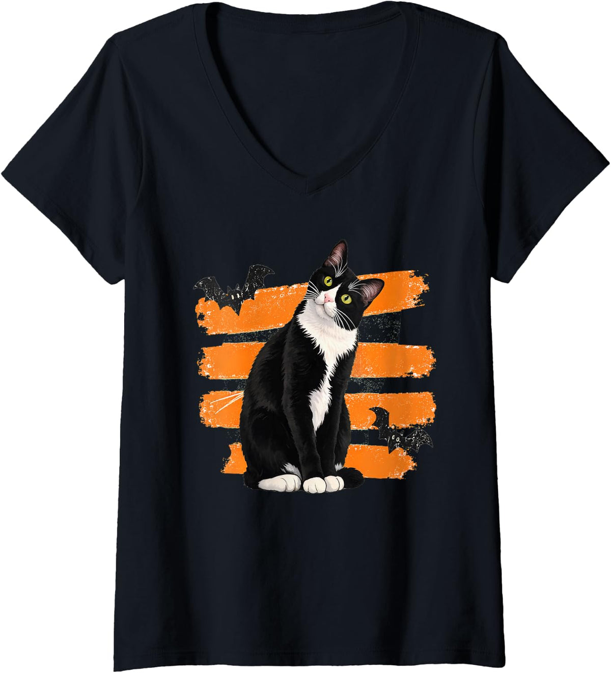 Women's Tuxedo Cat Halloween Bats Orange Stripes Autumn and Fall V-Neck T-Shirt - Black