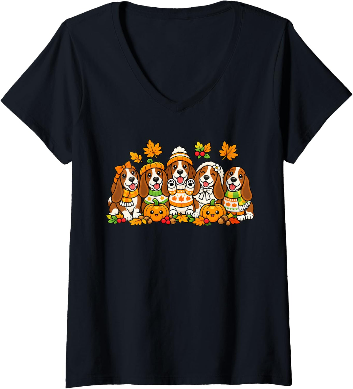 Women's Cute Basset Hound Dog Pumpkin Coffee Fall Autumn Halloween V-Neck T-Shirt - Black