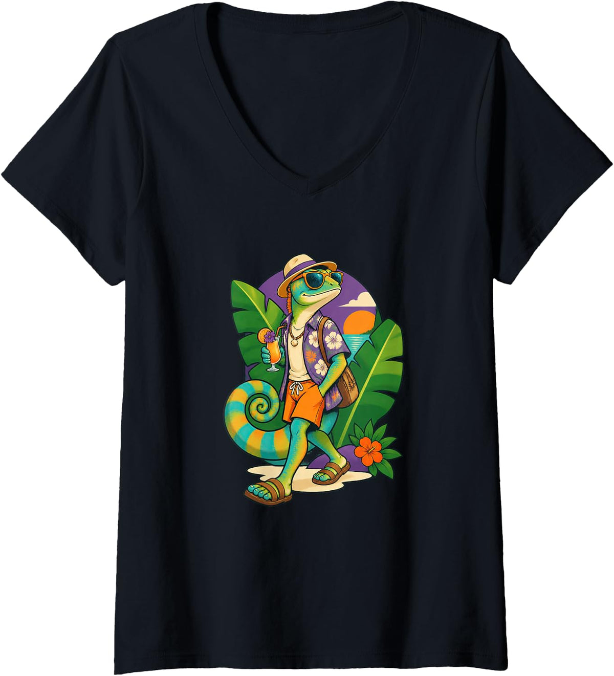 Women's Chameleon Poses with a Tropical Shirt V-Neck T-Shirt - Black