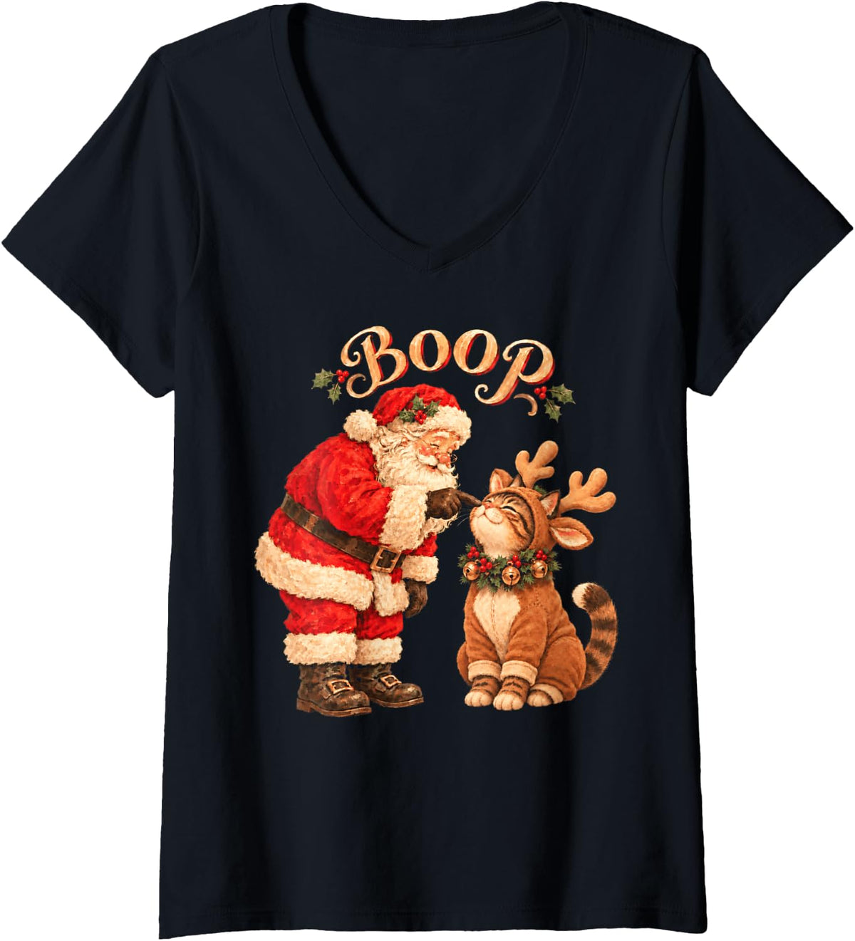 Women's Santa Claus Boop Tabby Cat Reindeer Cute Christmas Animals V-Neck T-Shirt - Black