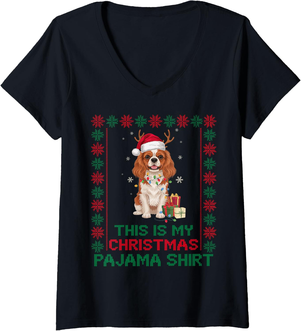 Women's Cavalier King Charles Spaniel Christmas Pajama Santa Dog Mom V-Neck T-Shirt - Black