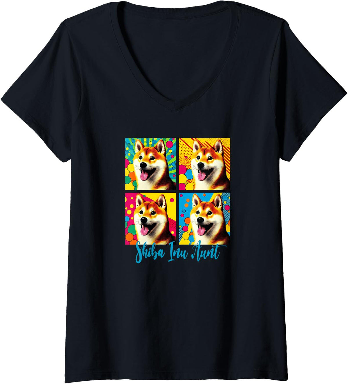 Women's Pop Art Style Shiba Inu Aunt V-Neck T-Shirt - Black