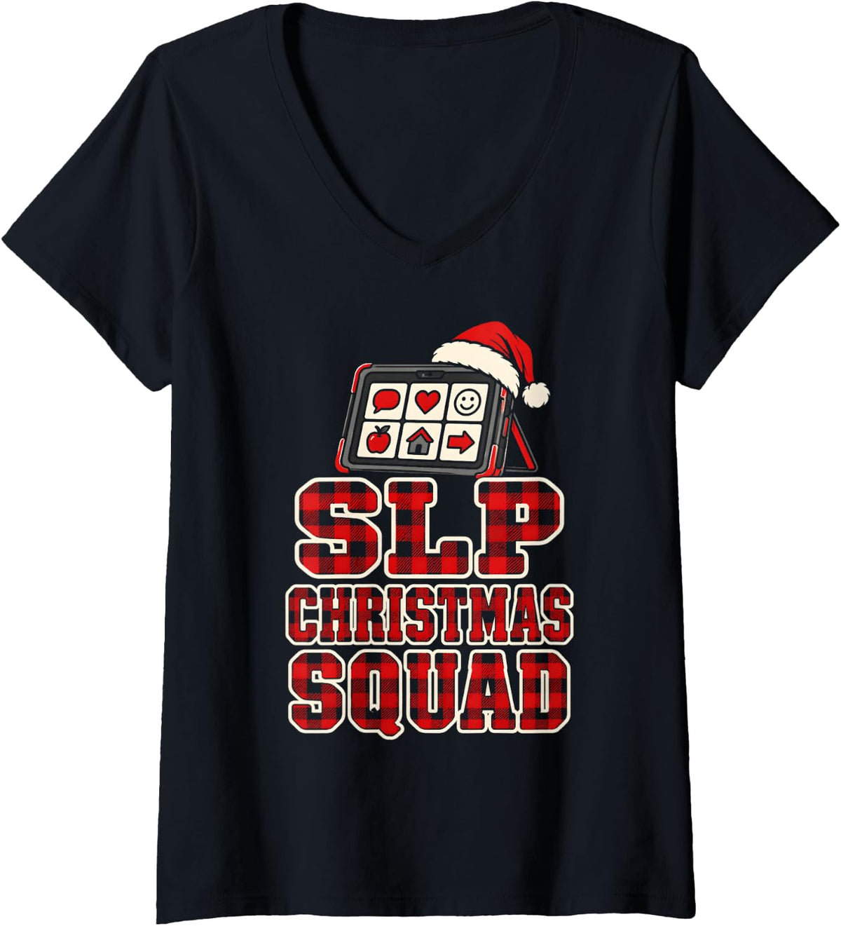 Women's AAC SLP Squad Speech Language Pathologist Christmas Plaid V-Neck T-Shirt - Black