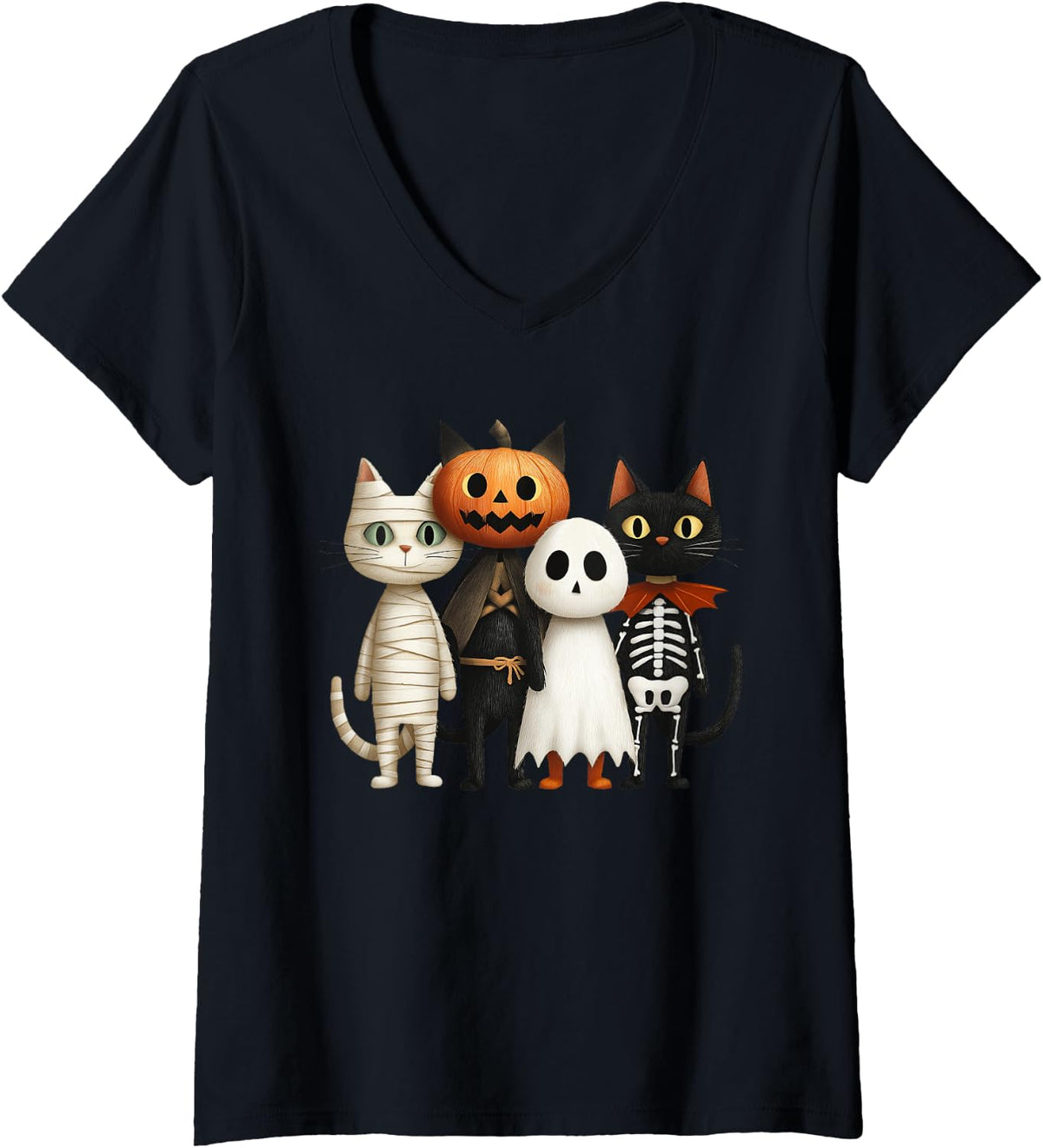 Women's Halloween Cats Funny Cat Mom Ghost Pumpkin Skeleton V-Neck T-Shirt - Black