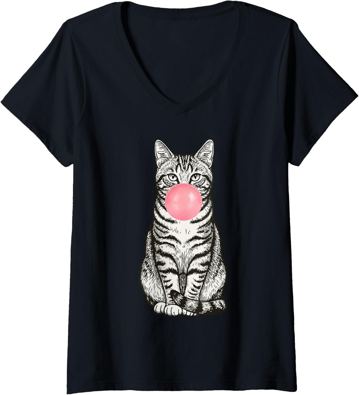 Women's Tabby Bubblegum Cat Cute Funny Cat Blowing Pink Bubble V-Neck T-Shirt - Black