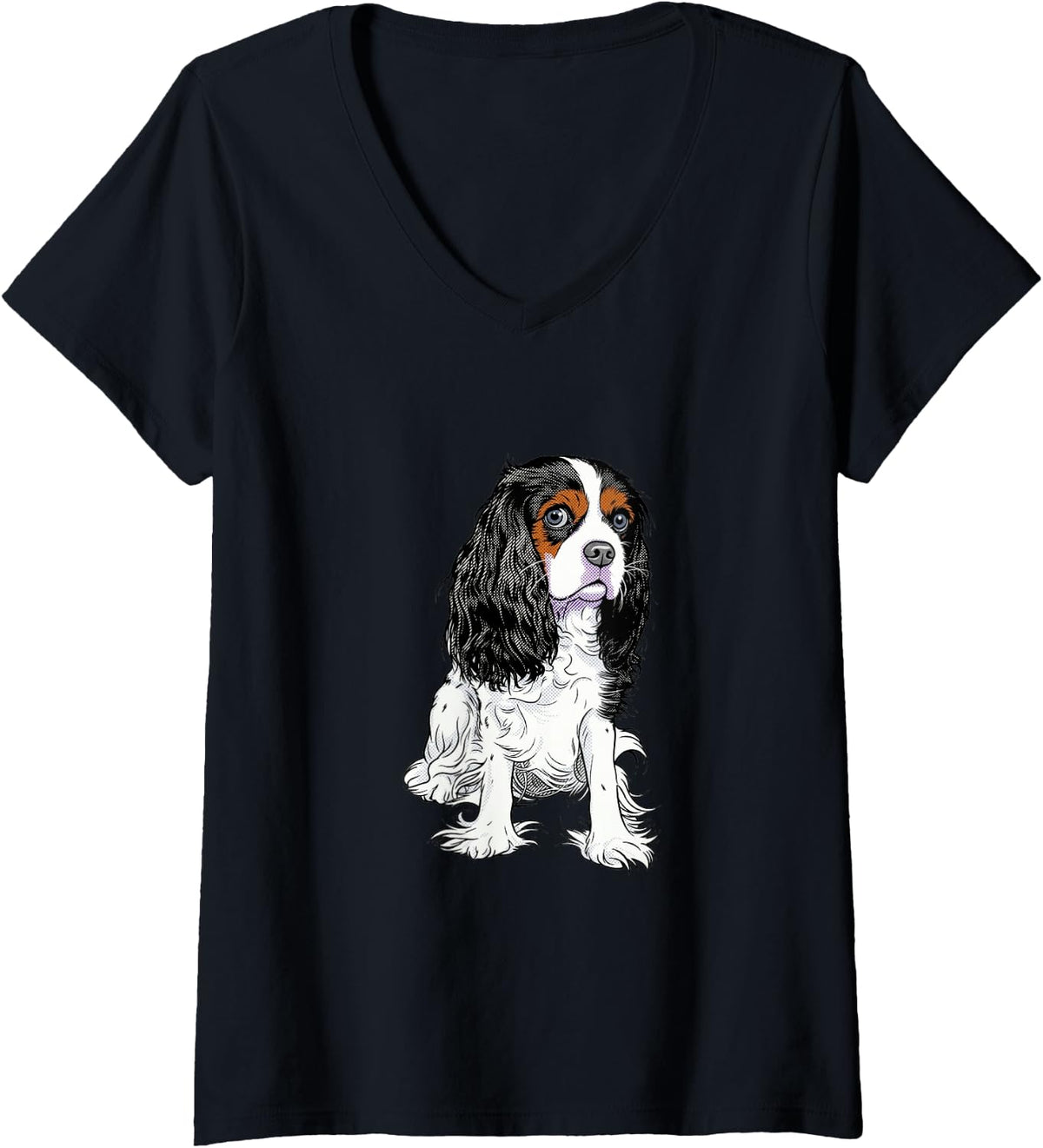 Women's Pop Art Cavalier King Charles Spaniel Dog Graphic V-Neck T-Shirt - Black