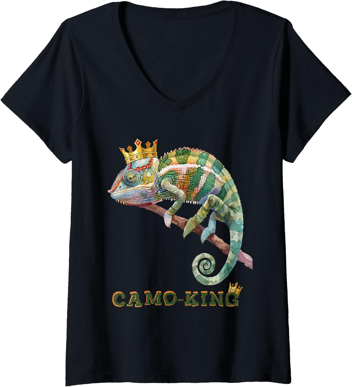 Women's Camo King Chameleon with Crown Funny Camouflage Animal V-Neck T-Shirt - Black