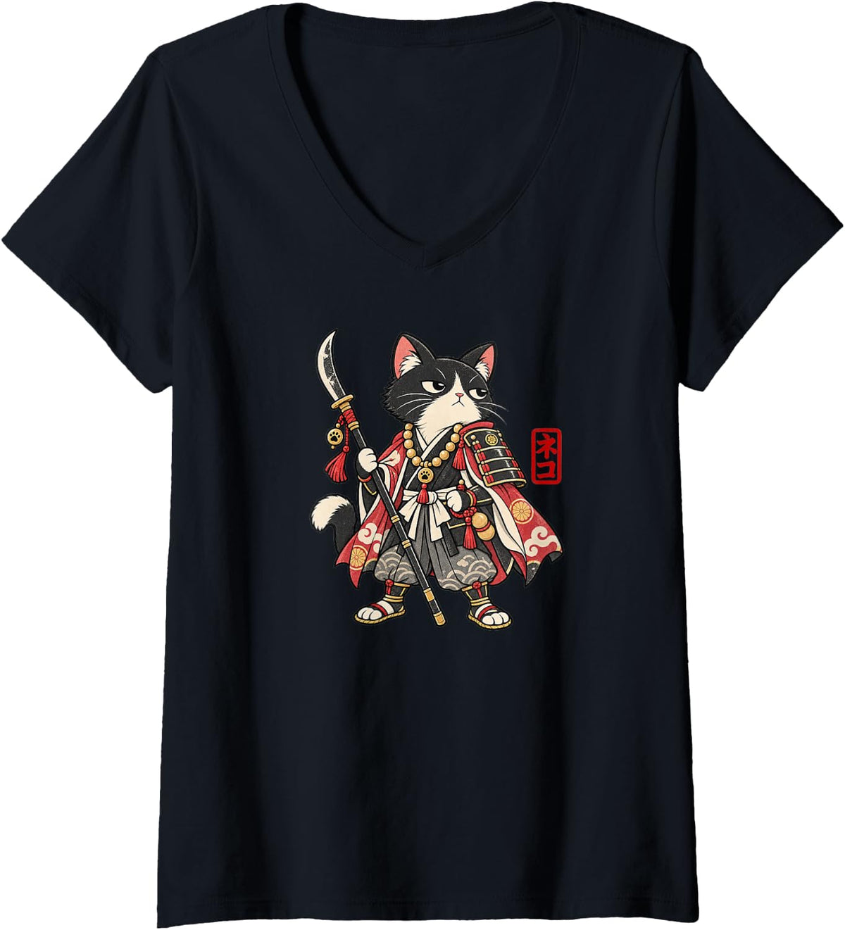 Women's Tuxedo Cat Warrior Monk Japanese Samurai Vintage Art V-Neck T-Shirt - Black