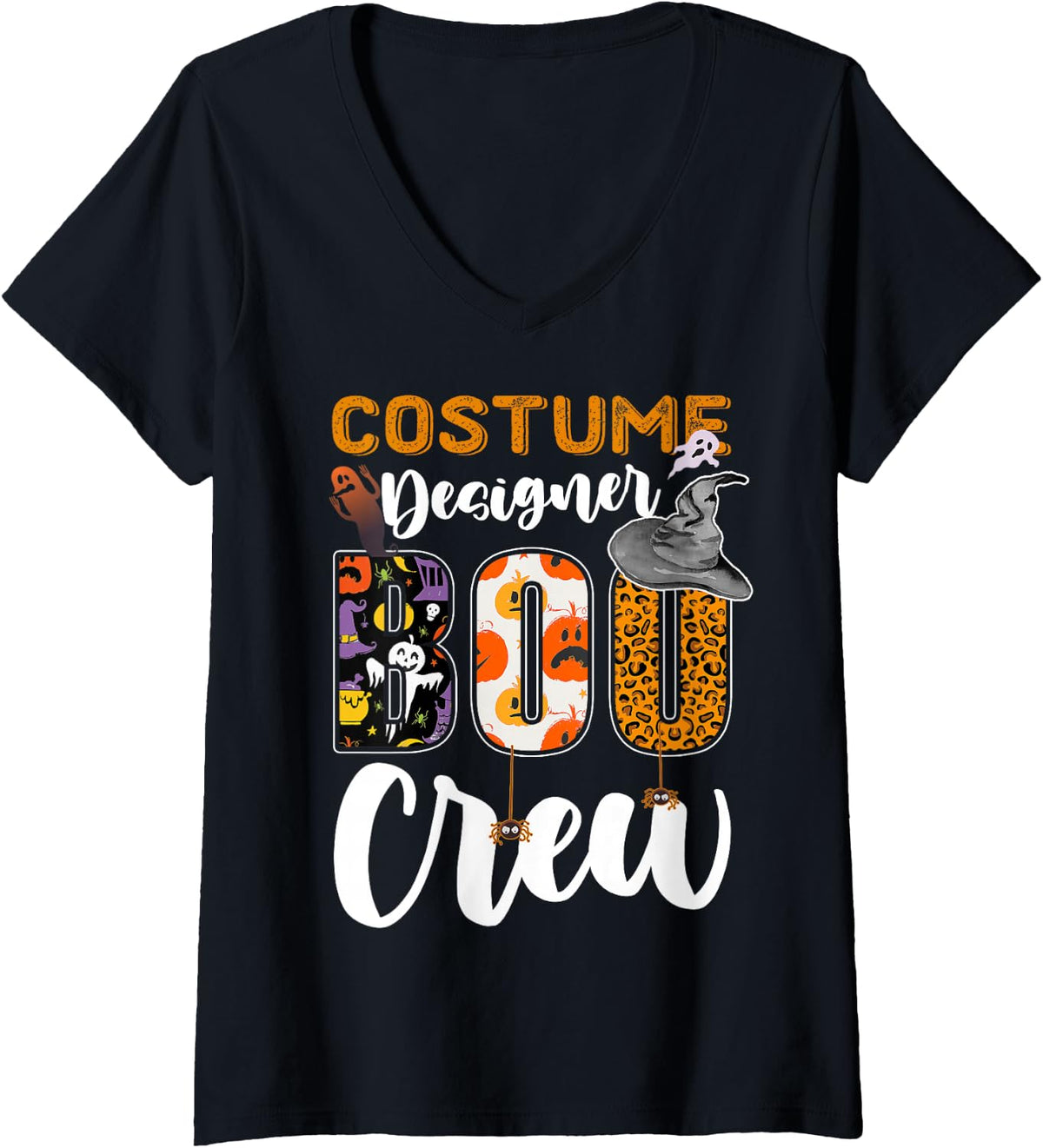 Women's Costume Designer Boo Crew Halloween Costume Matching V-Neck T-Shirt - Black