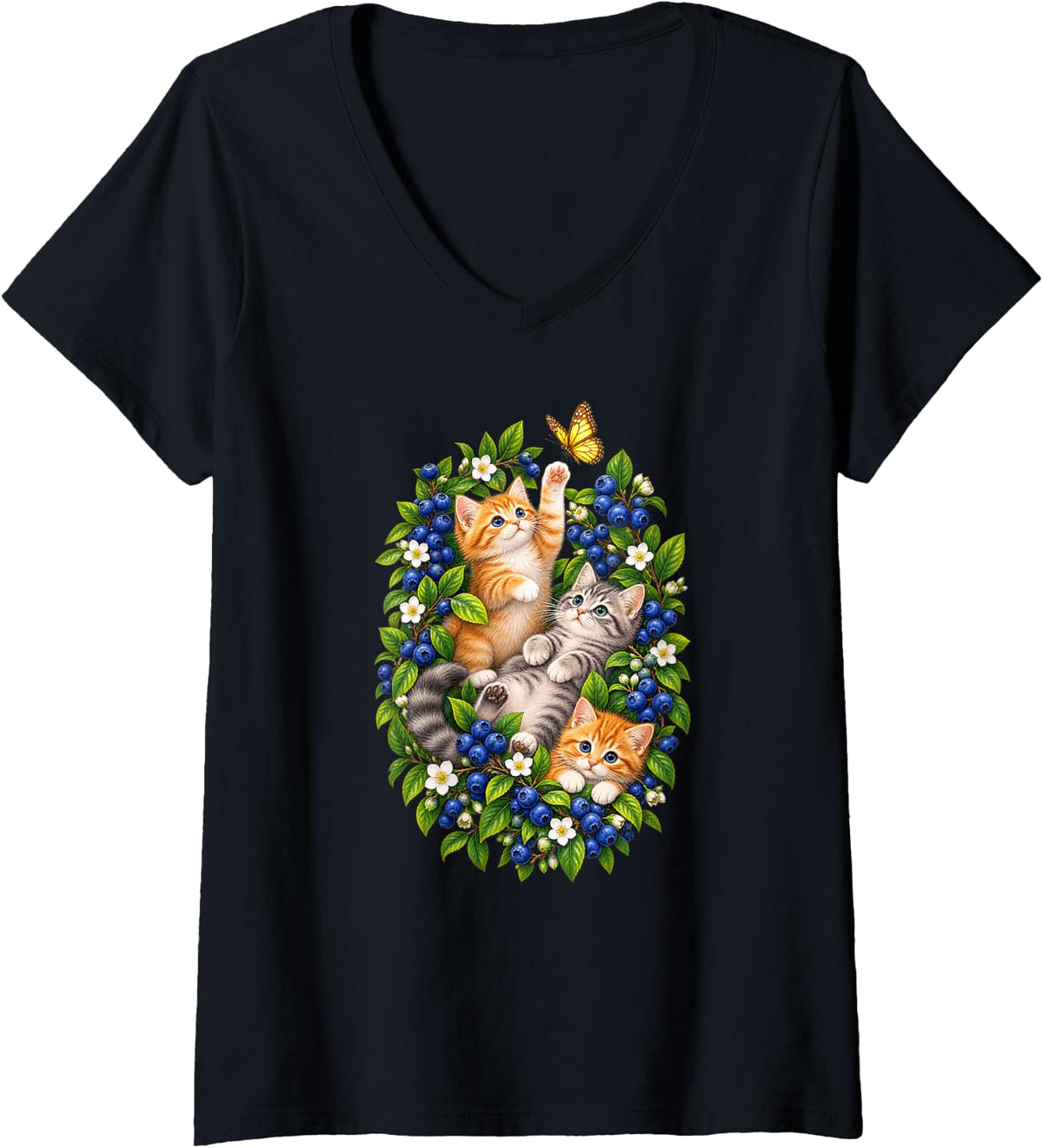 Women's Cute Kittens Blueberry Butterfly Flower Cats V-Neck T-Shirt - Black
